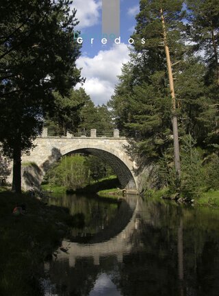 Imagen de un río con reflejos de árboles y un puente en el fondo. El agua es tranquila y refleja el cielo y los árboles en la Sierra de Gredos.